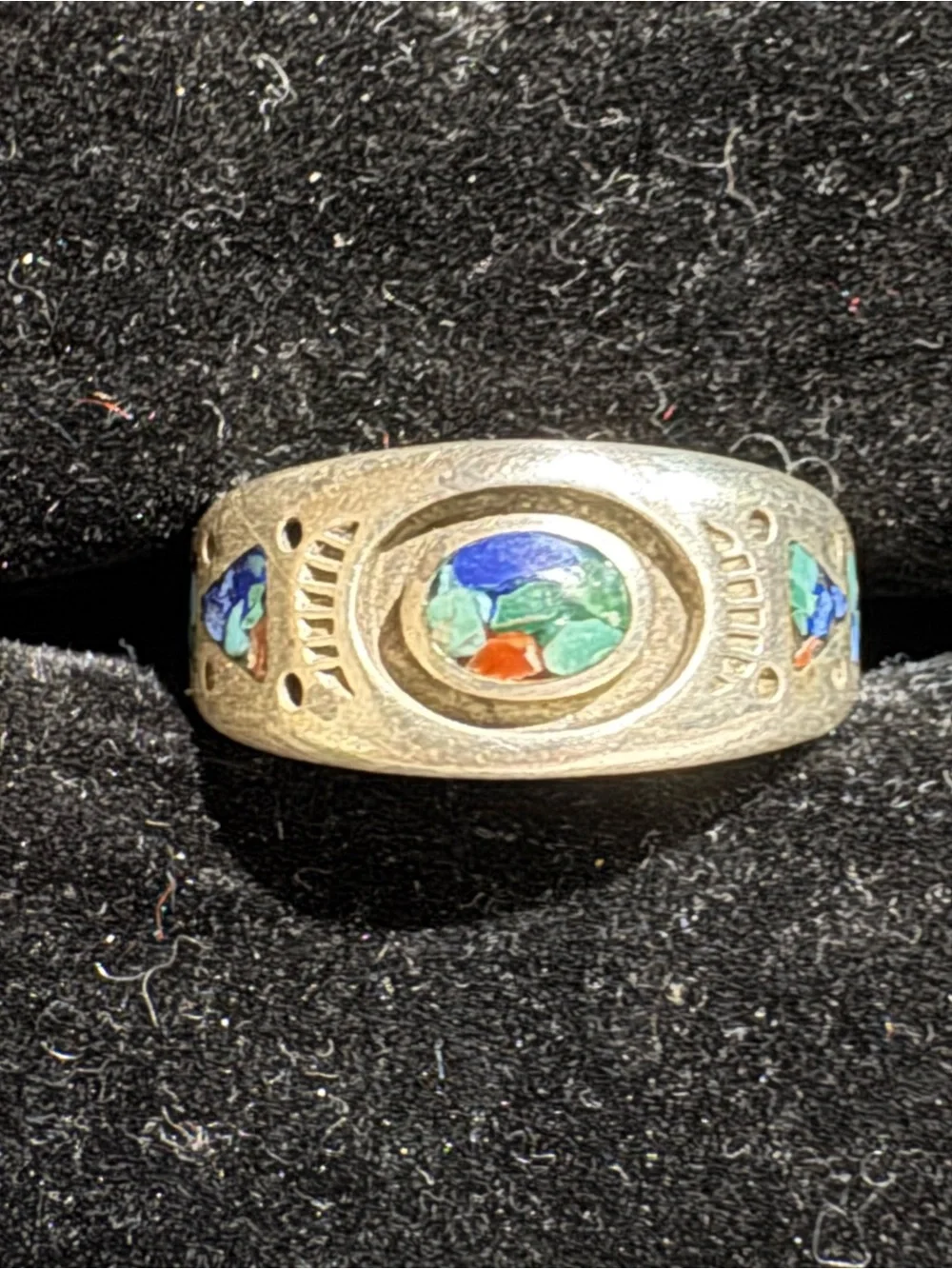 Vintage Native American Sterling Silver Turquoise, Coral & Lapis Ring
